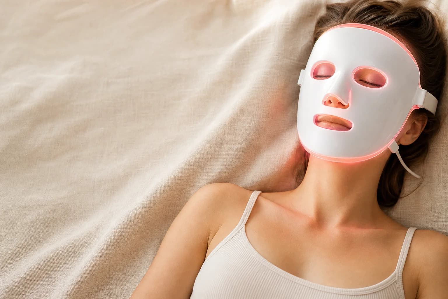 Woman relaxing while wearing an LED light therapy face mask
